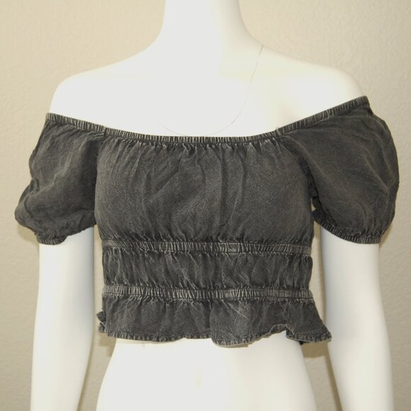 Rebellion Again, Size M, Rayon Crop Top, Strappy Back Off Shoulder, Gray - Picture 3 of 15